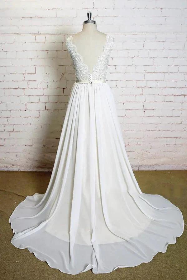 Latest Long A-line V-neck Lace Chiffon Wedding Dress - Image 2