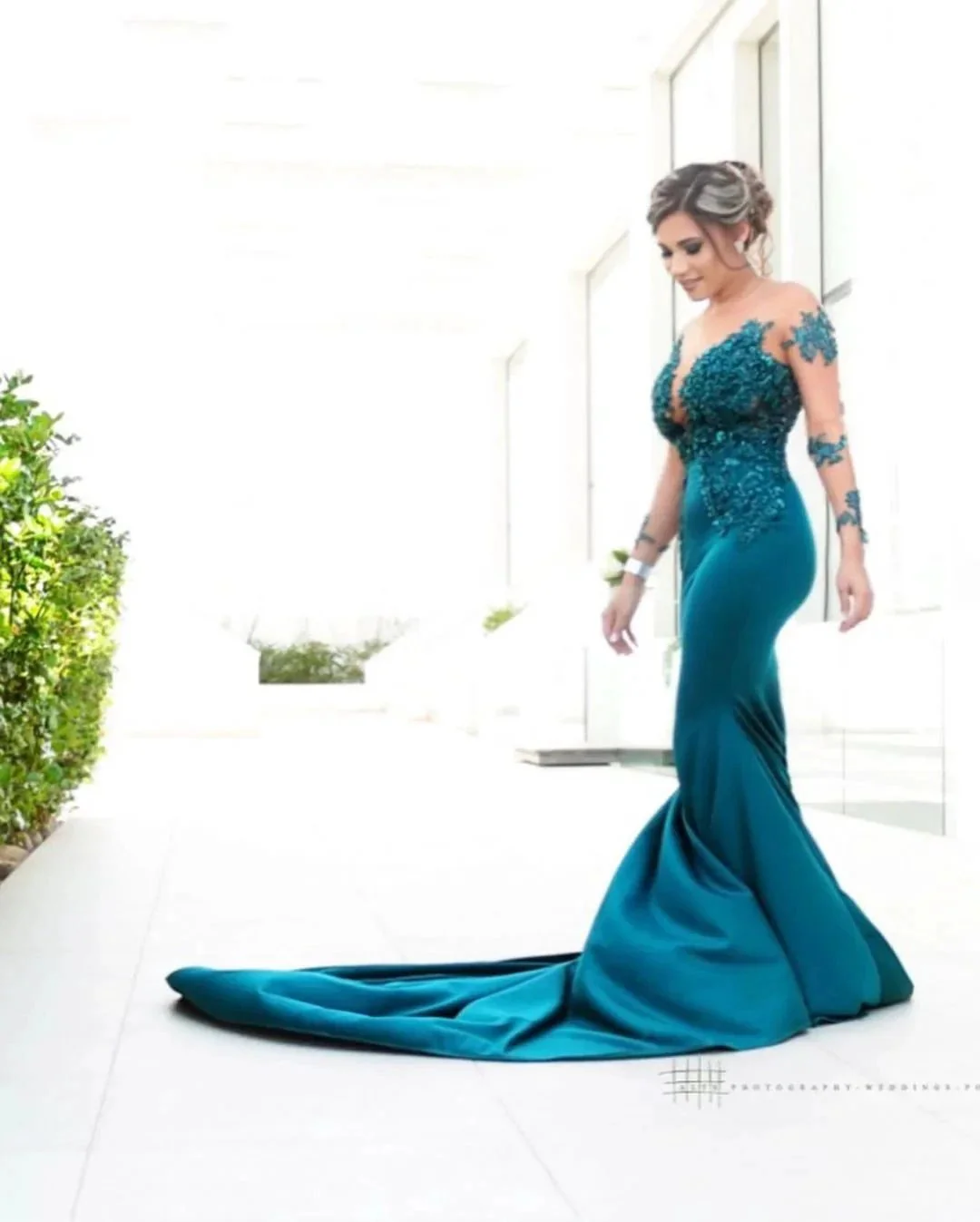 Latest Long Mermaid Jewel Satin Prom Dress with Sleeves - Image 2