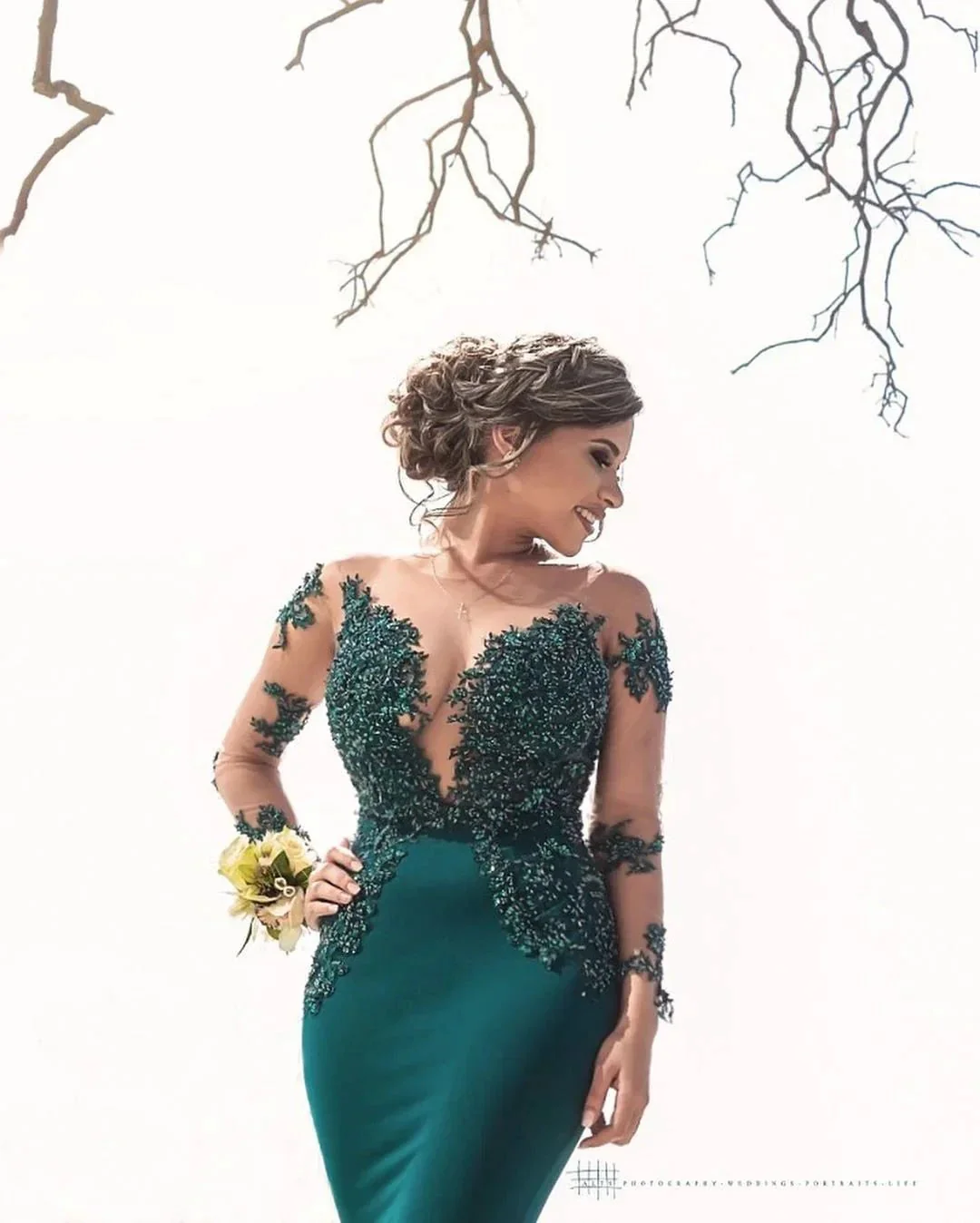 Latest Long Mermaid Jewel Satin Prom Dress with Sleeves - Image 3