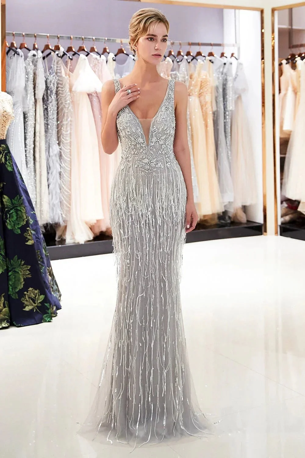 Latest Long Mermaid V neck Beading Fringe Tulle Evening Dress - Image 3
