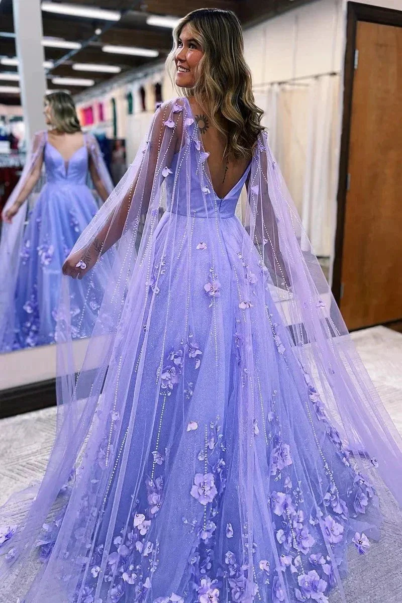 Lavender 3D Floral Lace A Line Sleeves Long Prom Dresses  PSK446 - Image 2