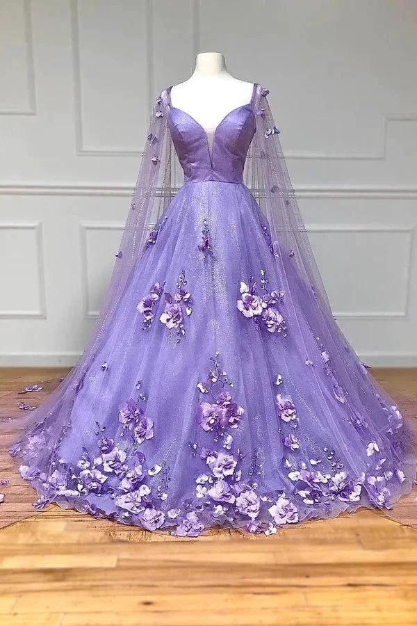 Lavender 3D Floral Lace A Line Sleeves Long Prom Dresses  PSK446 - Image 3