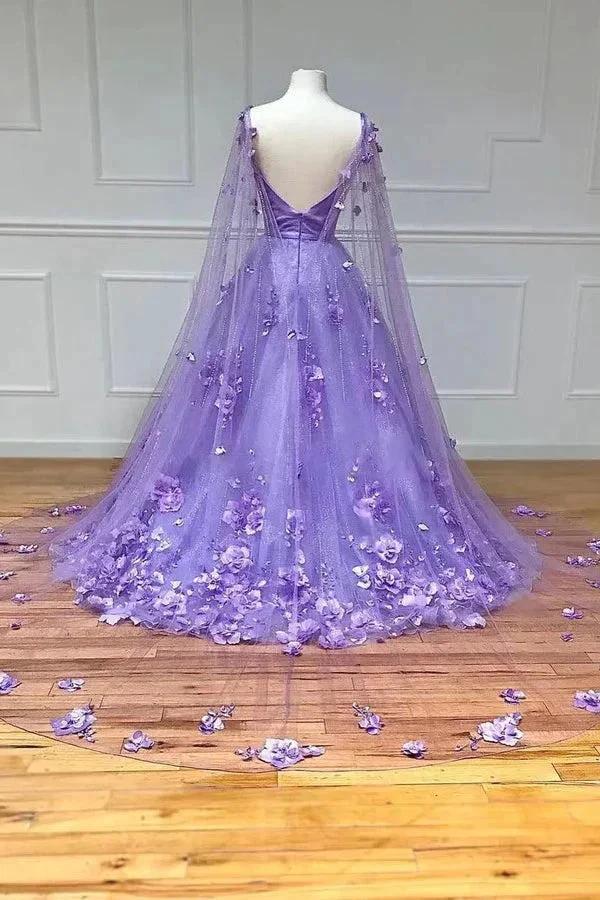 Lavender 3D Floral Lace A Line Sleeves Long Prom Dresses  PSK446 - Image 4