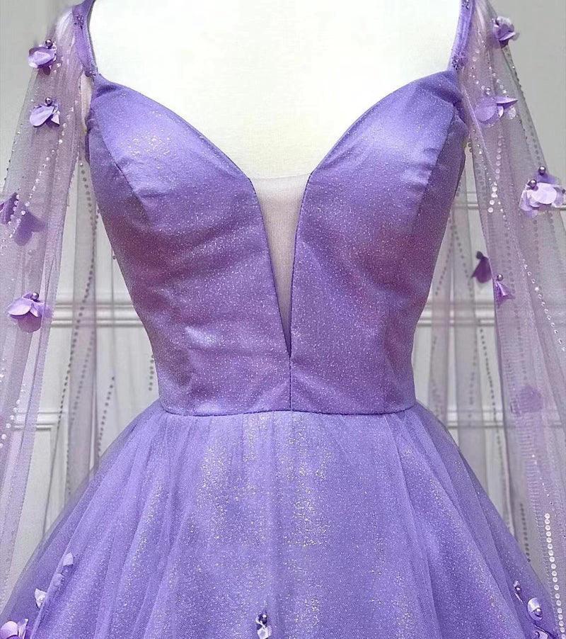 Lavender 3D Floral Lace A Line Sleeves Long Prom Dresses  PSK446 - Image 5
