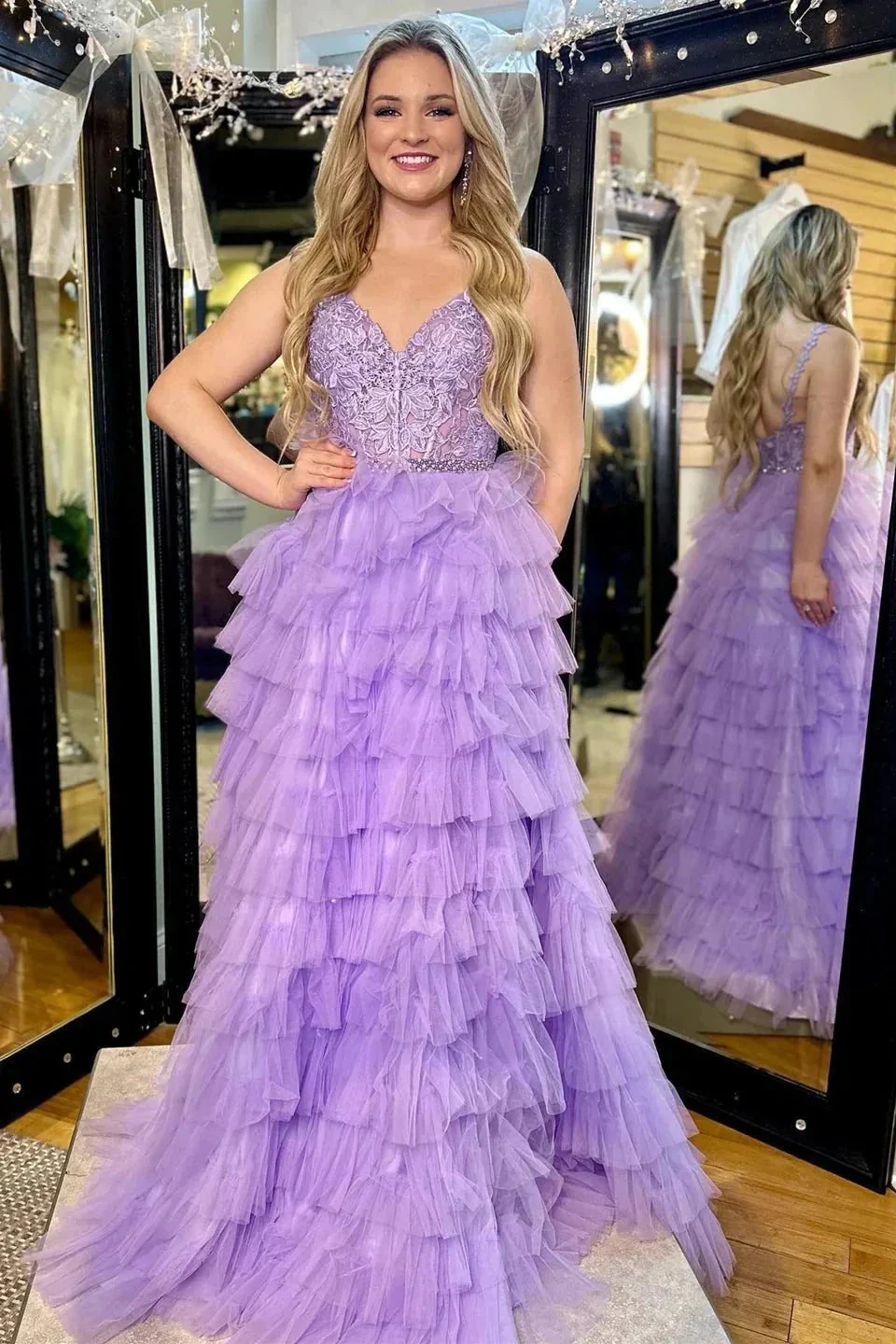 Marissa | Lavender Appliques V-Neck Ruffle Tiered Long Prom Dress - Image 2