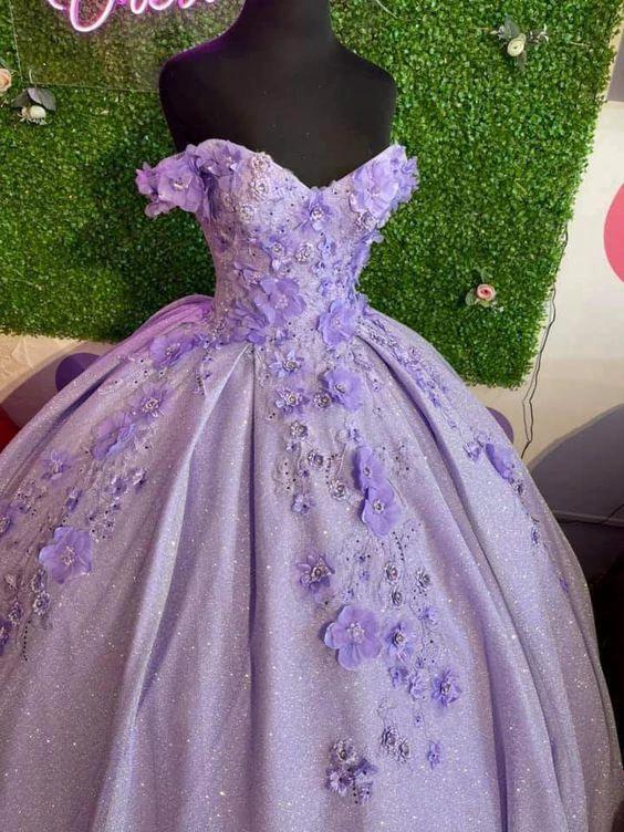 Lavender ball gown off the shoulder with 3d flowers sweet 16 dress Y473 - Image 2