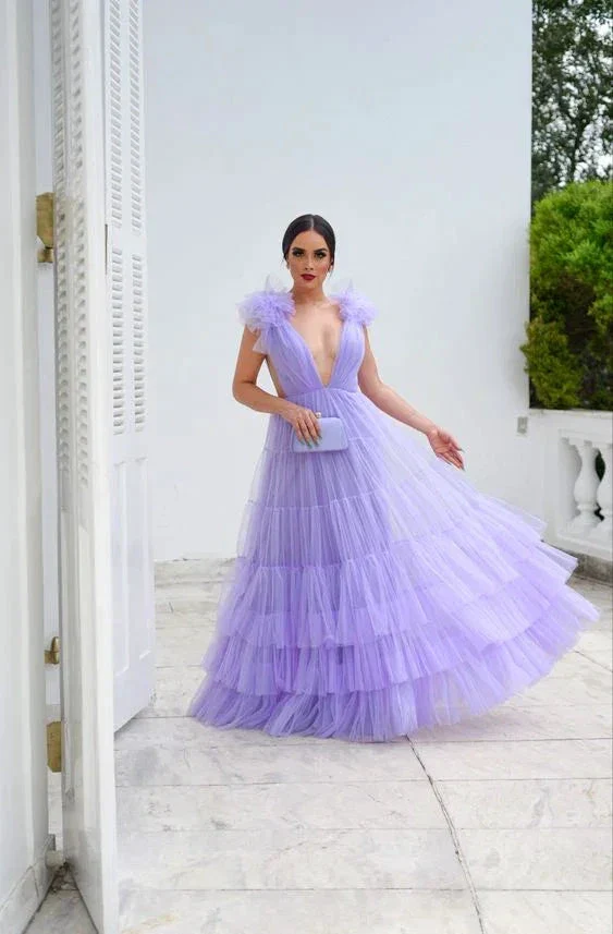 Lavender Deep V Neck Tulle Prom Dress Lavender Evening Dress Y6185 - Image 2