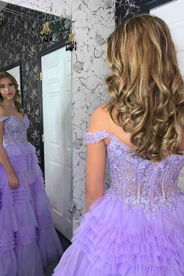 Lavender Off the Shoulder Sweetheart Lace Corset Ruffle Prom Dress PSK471 - Image 3