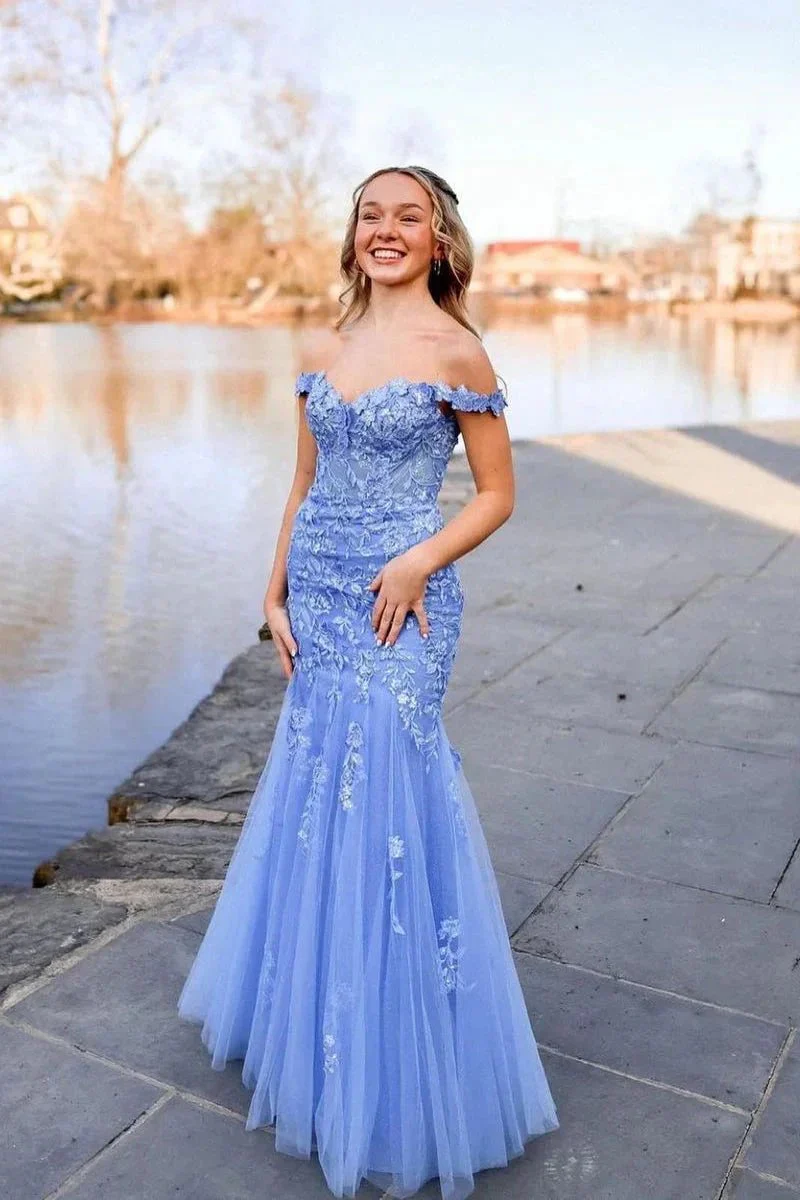 Lavender Off the Shoulder Tulle Appliques Mermaid Long Prom Dresses - Image 2