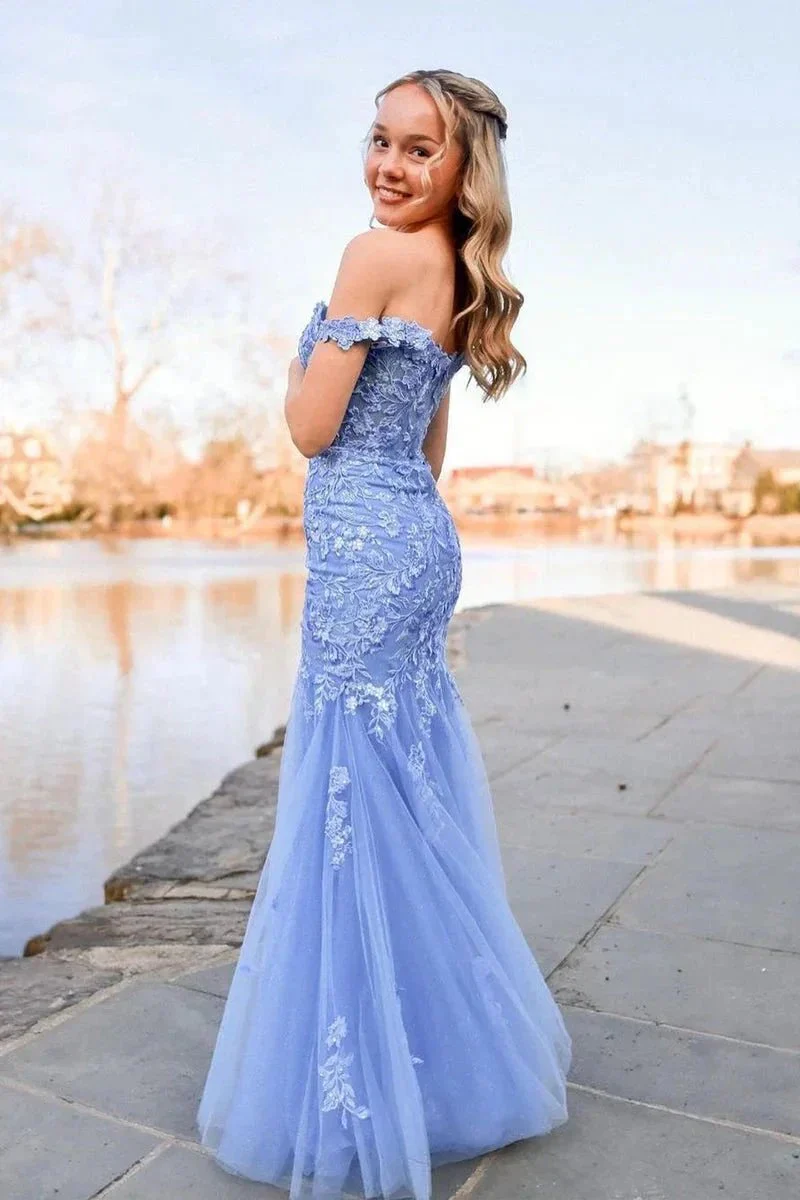 Lavender Off the Shoulder Tulle Appliques Mermaid Long Prom Dresses - Image 3