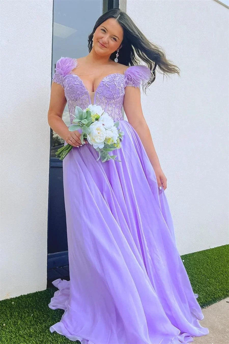 A-line Lavender Plunging Off-the-Shoulder Feathers  Long Prom Dress  PSK433 - Image 2