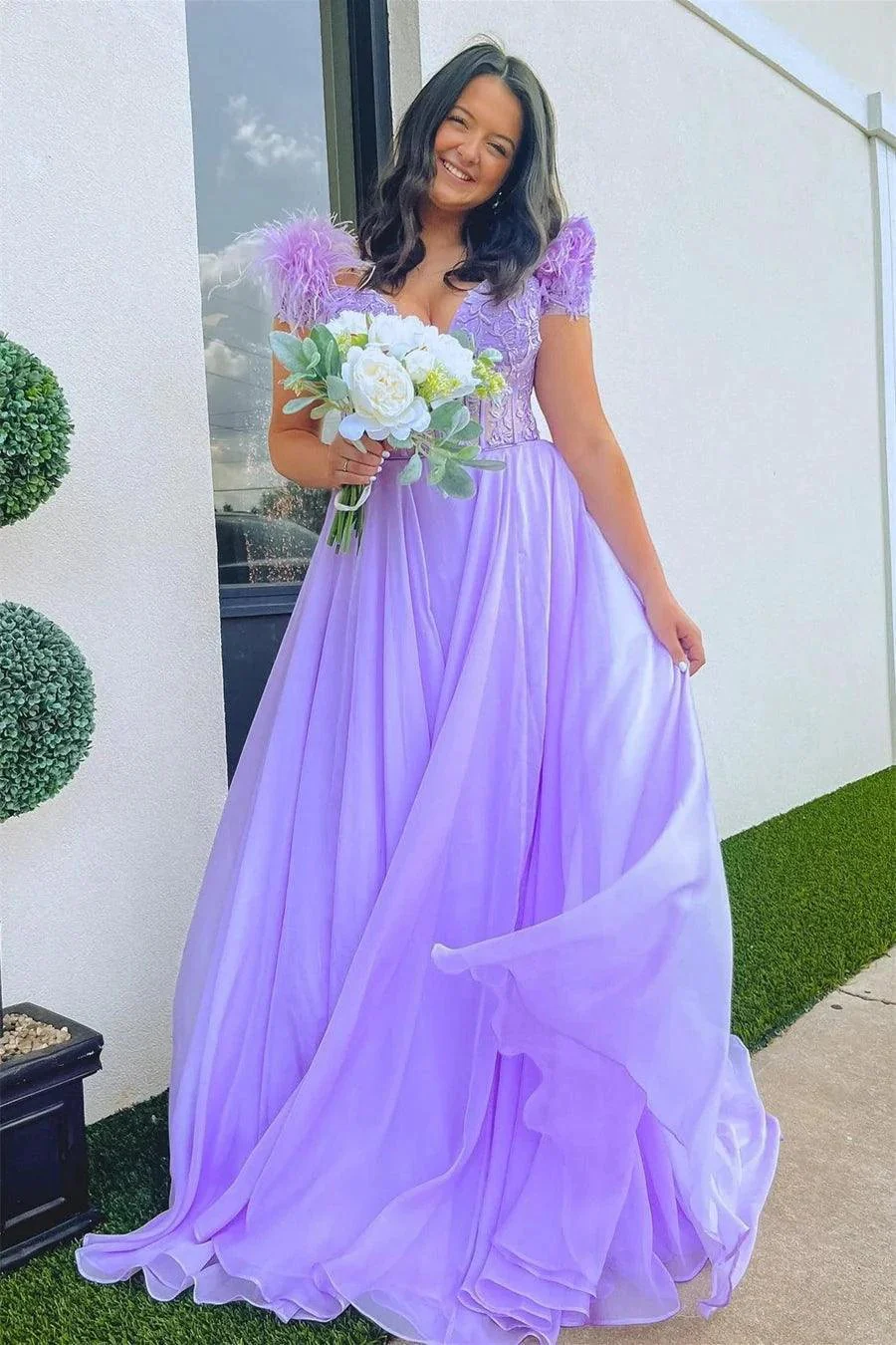 A-line Lavender Plunging Off-the-Shoulder Feathers  Long Prom Dress  PSK433 - Image 3