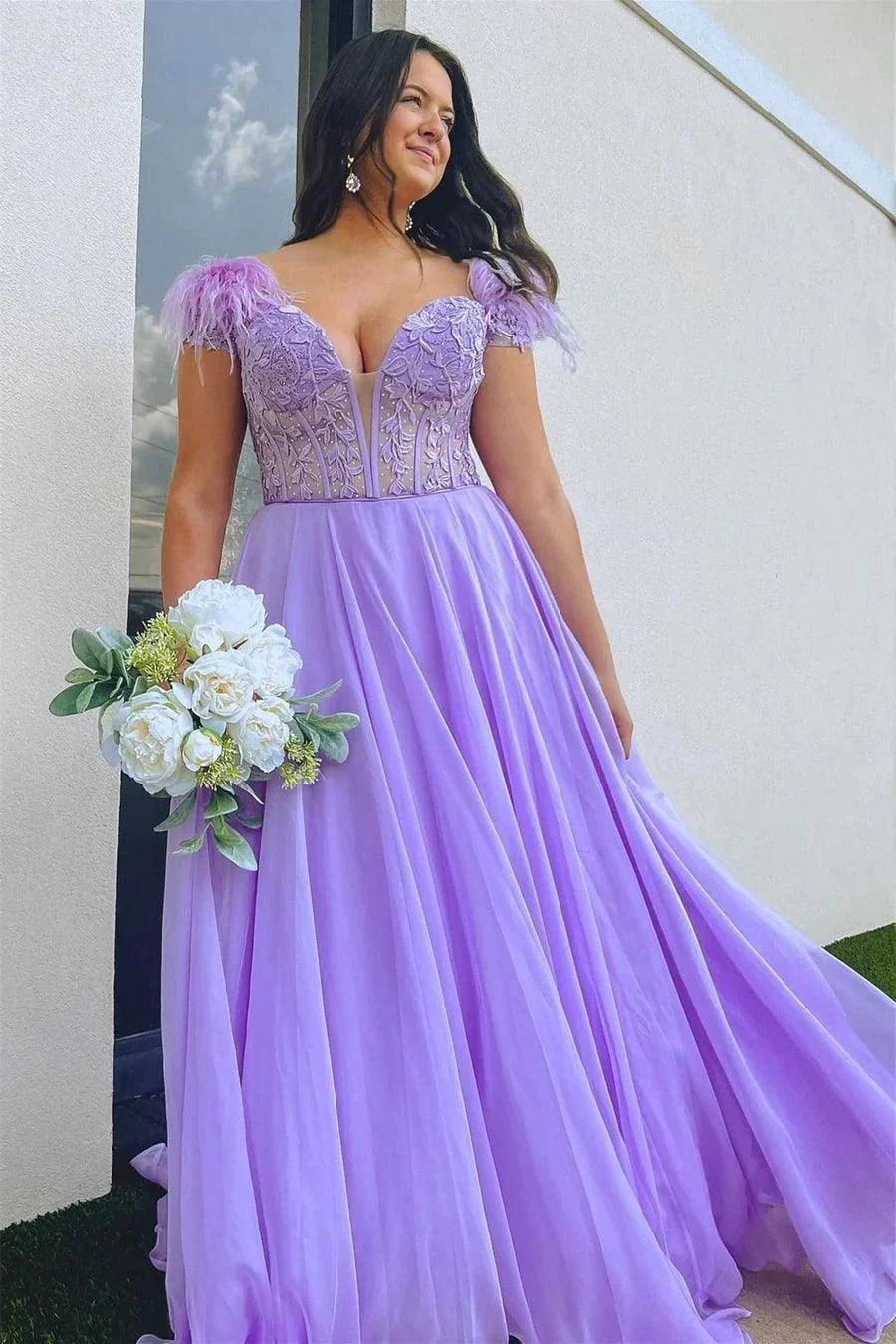 A-line Lavender Plunging Off-the-Shoulder Feathers  Long Prom Dress  PSK433 - Image 4