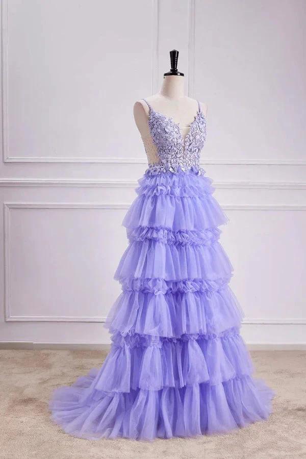 Lavender Plunging V Neck Floral Layers A-line Long Prom Dress PSK558 - Image 2
