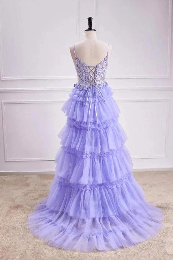 Lavender Plunging V Neck Floral Layers A-line Long Prom Dress PSK558 - Image 3