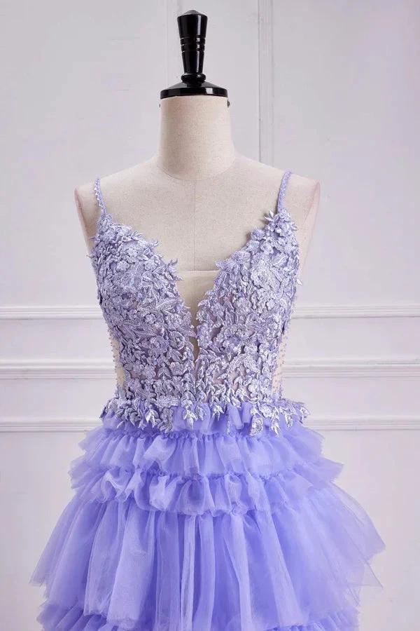 Lavender Plunging V Neck Floral Layers A-line Long Prom Dress PSK558 - Image 4