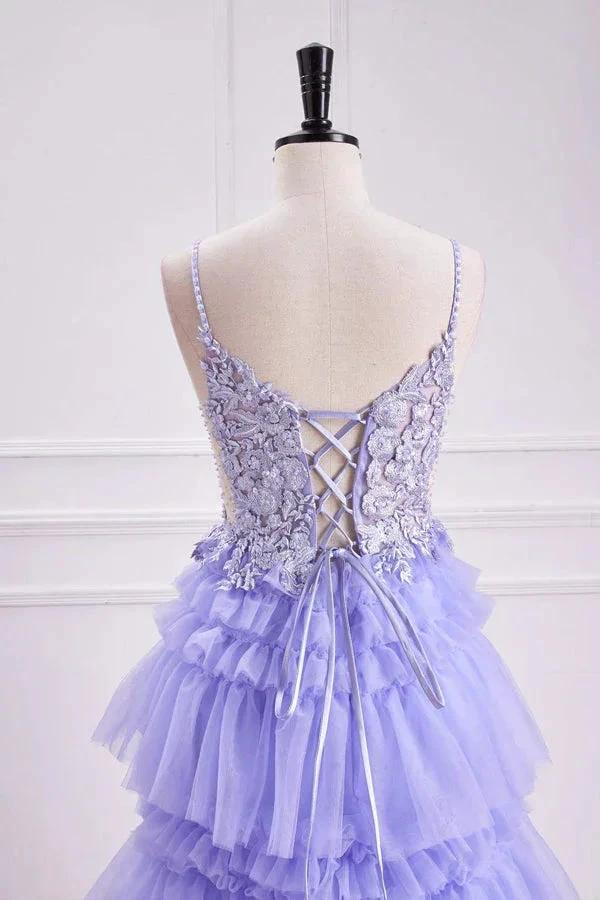 Lavender Plunging V Neck Floral Layers A-line Long Prom Dress PSK558 - Image 5