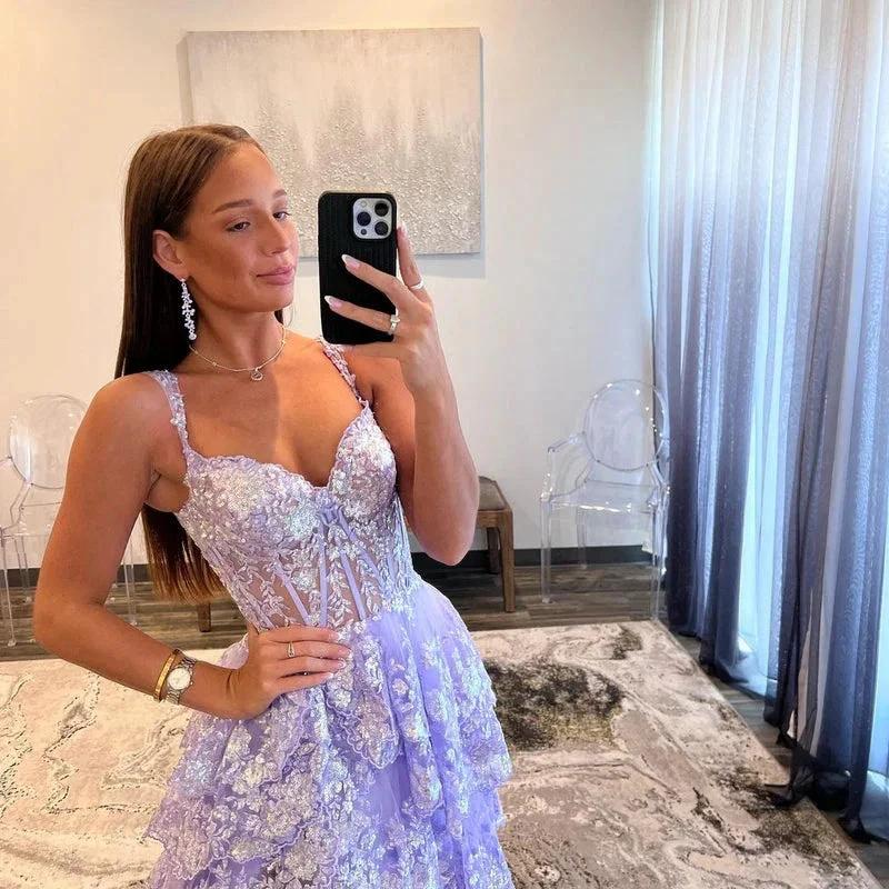 Lavender Princess A Line Off the Shoulder Corset Prom Dress with Lace Ruffles - Image 2