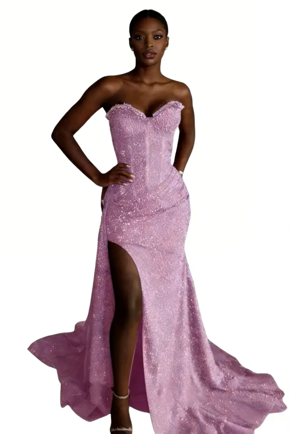 Lavender Sequin Strapless Mermaid Prom Dress With High Slit Train - Image 2