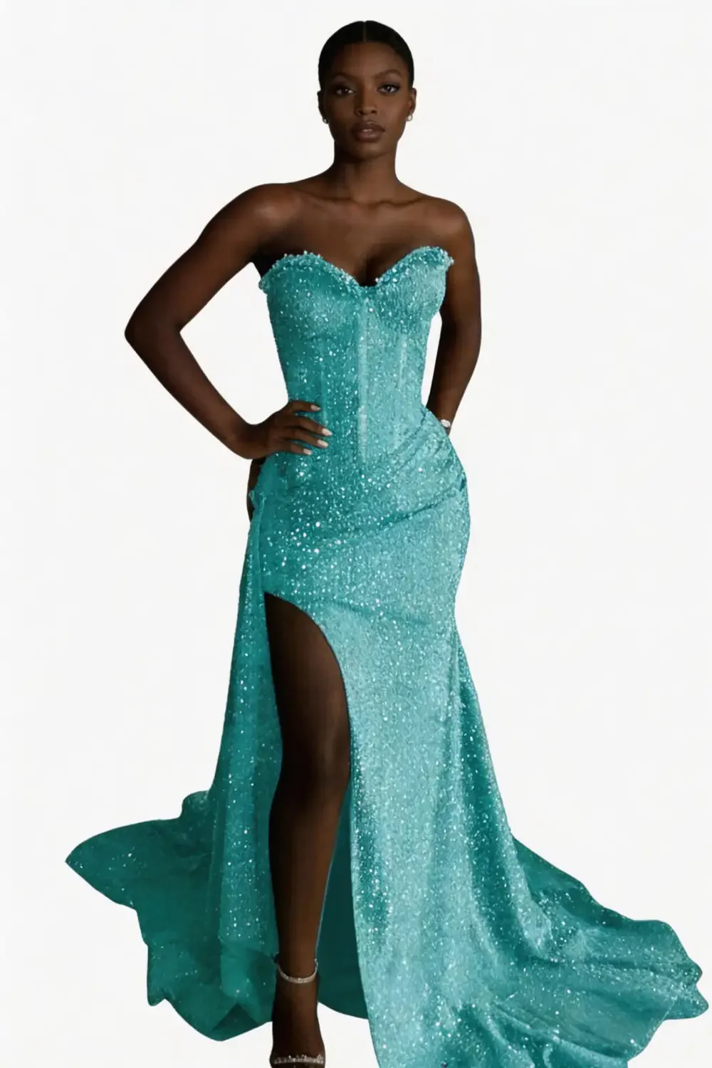 Lavender Sequin Strapless Mermaid Prom Dress With High Slit Train - Image 3