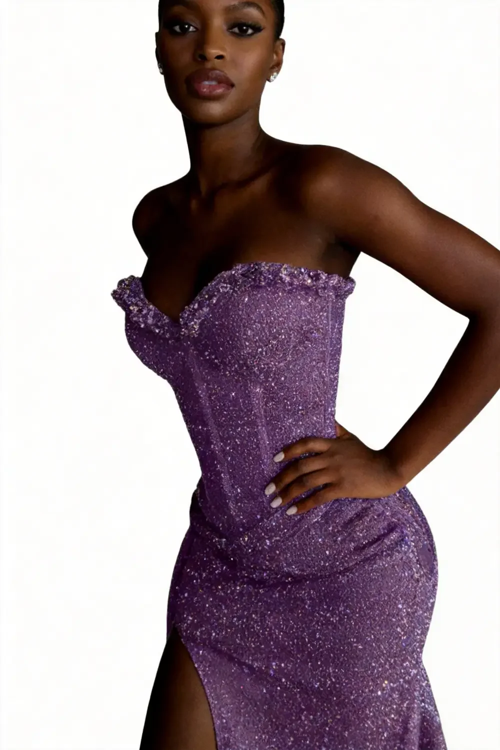 Lavender Sequin Strapless Mermaid Prom Dress With High Slit Train - Image 5