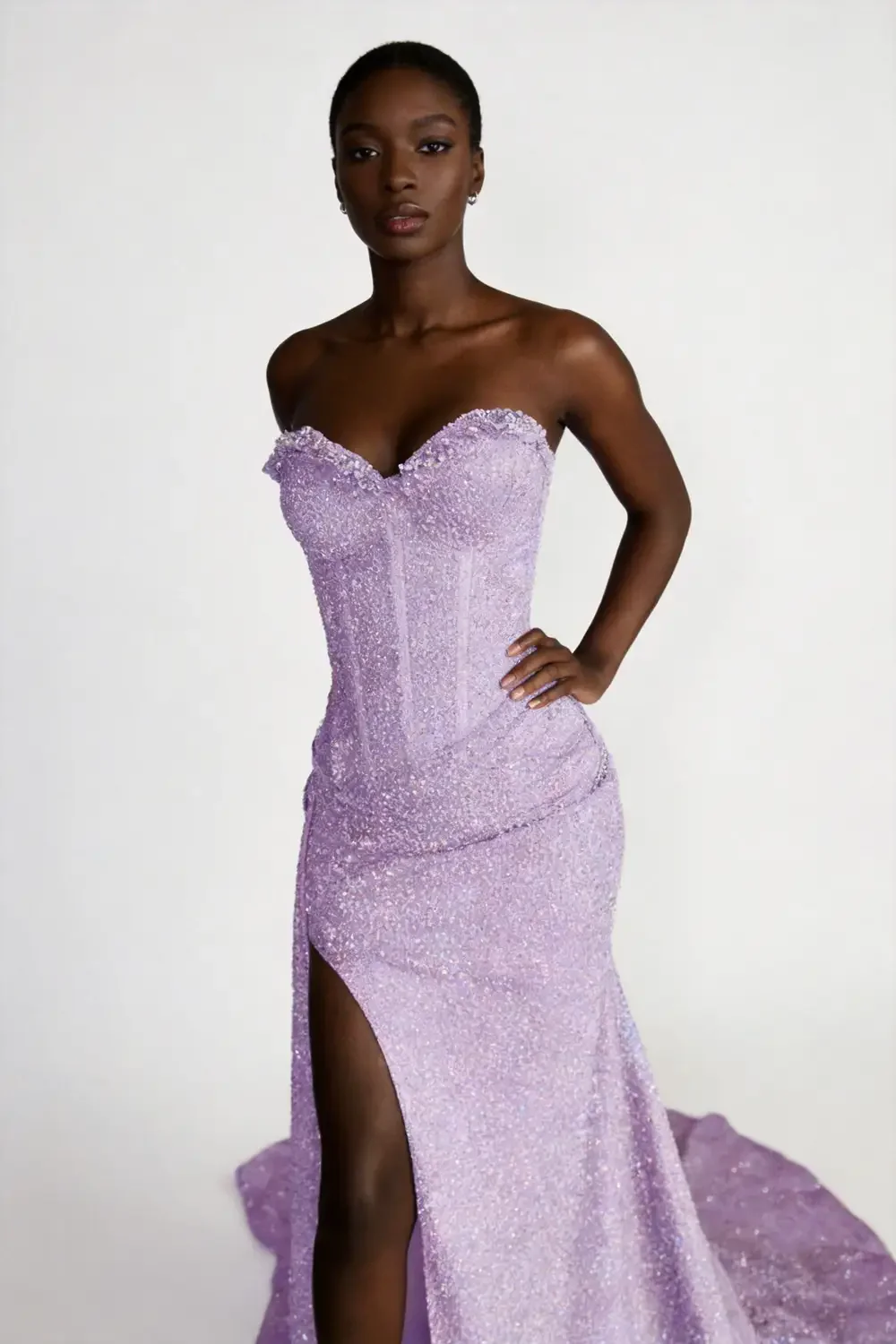 Lavender Sequin Strapless Mermaid Prom Dress With High Slit Train - Image 7