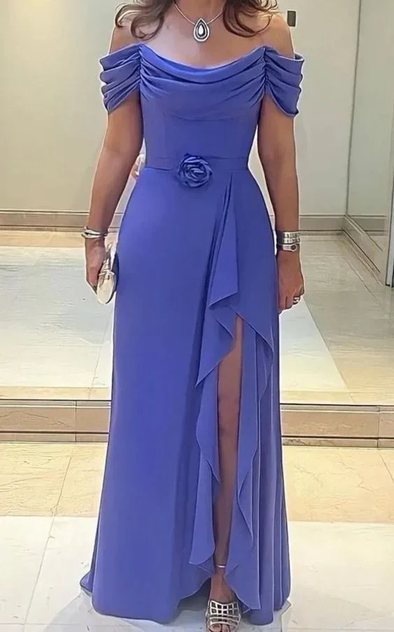 Lavender Side Split Mother of the Bride Dresses Pleated Wedding Guest Dress Off Shoulder Neckline Chiffon A Line Evening Dress Y6050 - Image 2