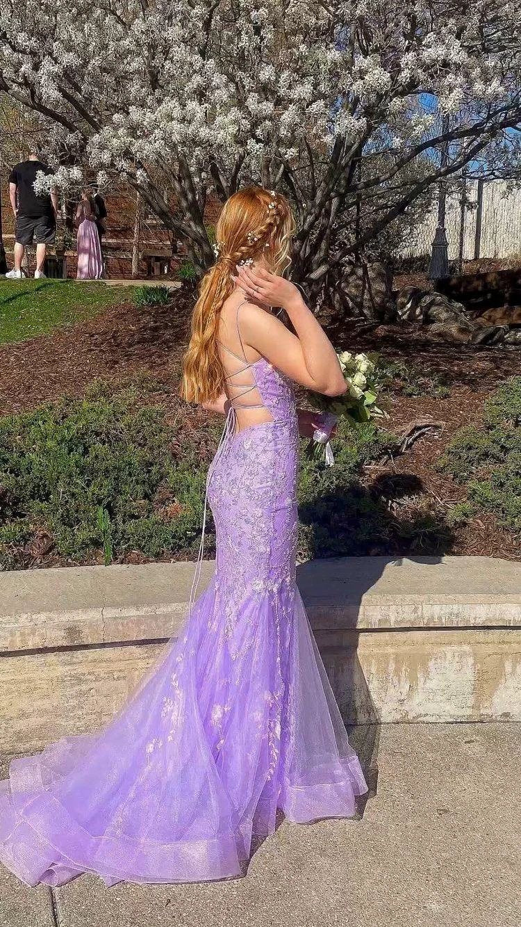Lavender Spaghetti Straps Mermaid Lace Prom Dress Applique Tulle Long Evening Gown Y1514 - Image 2