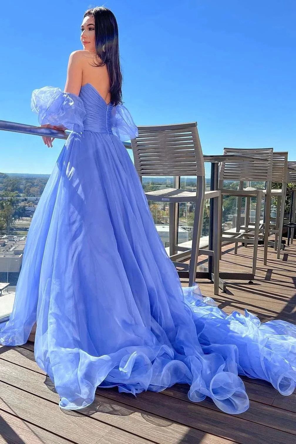Lavender Strapless A-Line Prom Dress with Puff Sleeves - Image 2