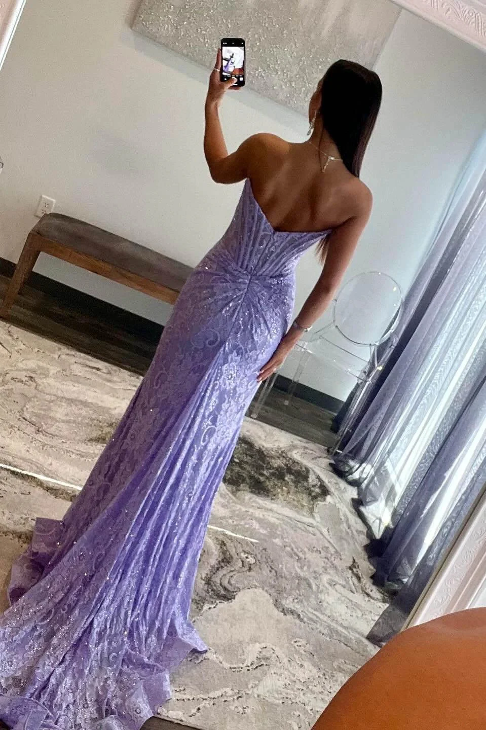 Mandy | Lavender Strapless Lace Ruched Mermaid Prom Dress with Slit - Image 3
