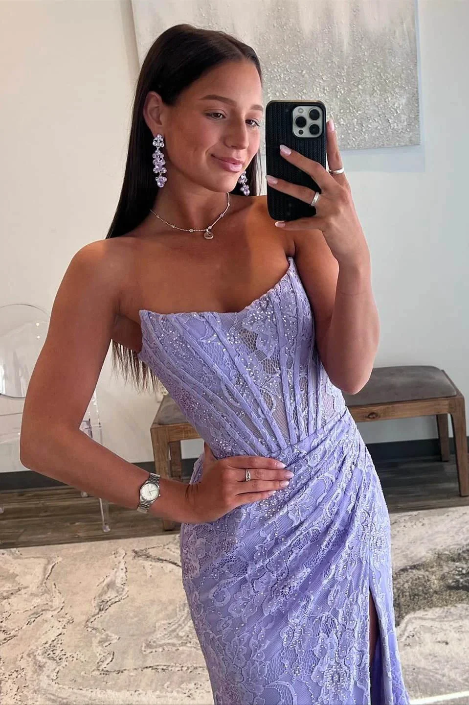 Mandy | Lavender Strapless Lace Ruched Mermaid Prom Dress with Slit - Image 4