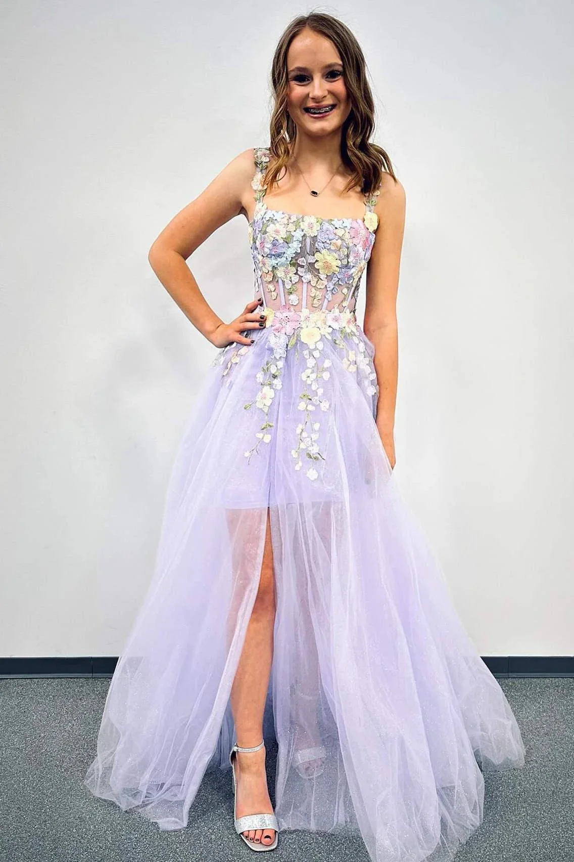 Millie | Lavender Straps Floral Short Party Dress with Detachable Cape - Image 2