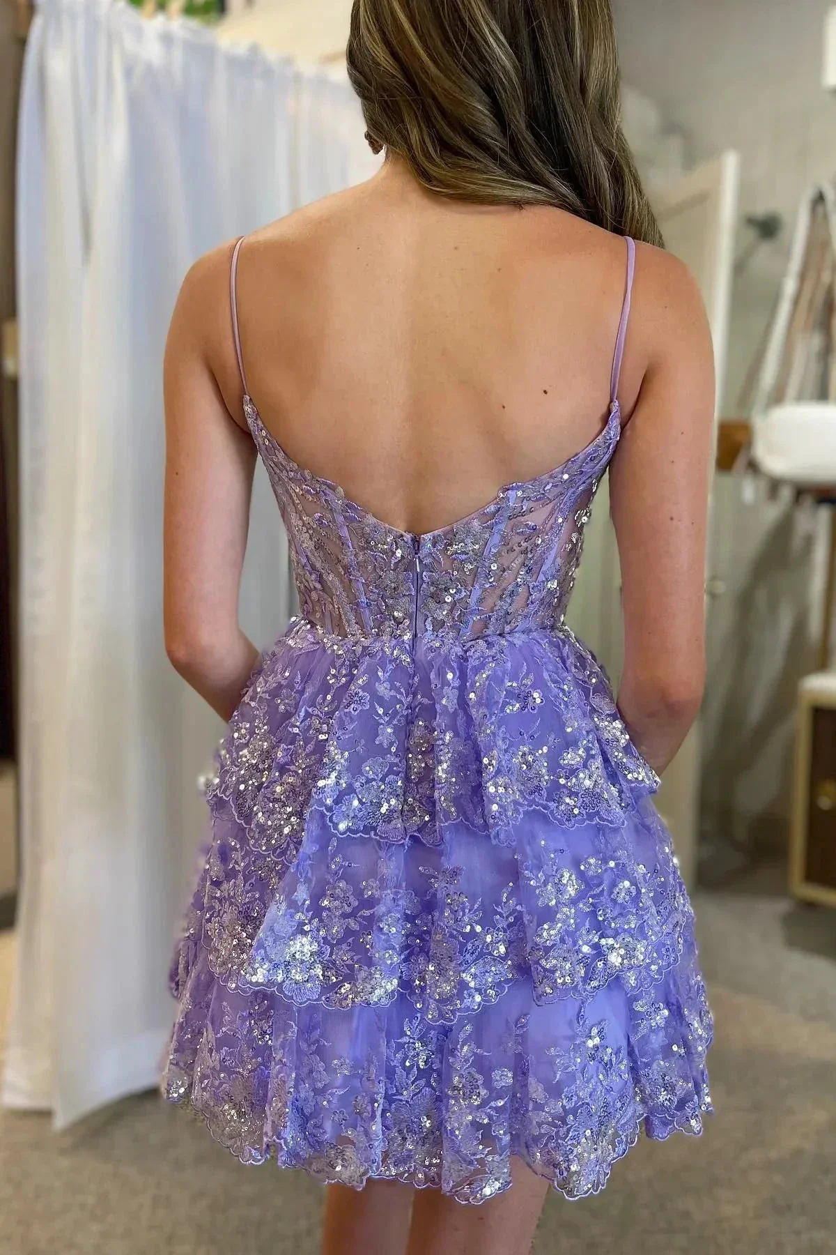 Lavender Straps Sequined Multi-Layers Tulle Homecoming Dress Y2832 - Image 2