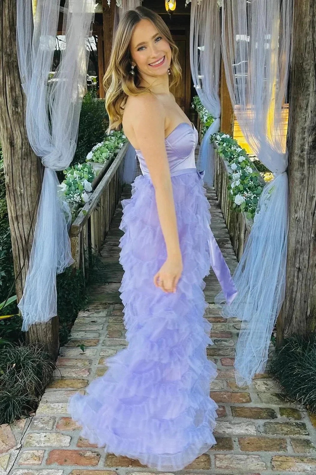 Lavender Sweetheart Bow Belt Ruffle Maxi Dress - Image 4