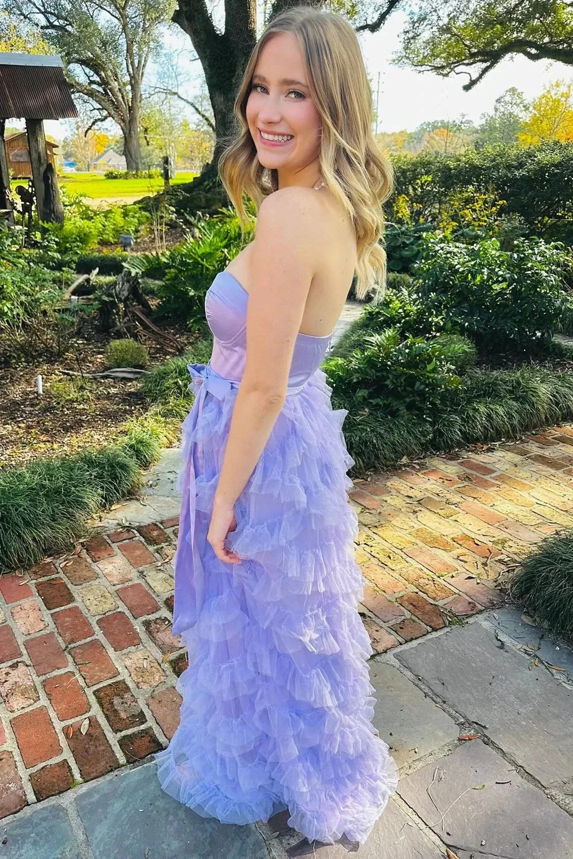 Lavender Sweetheart Bow Belt Ruffle Maxi Dress - Image 5