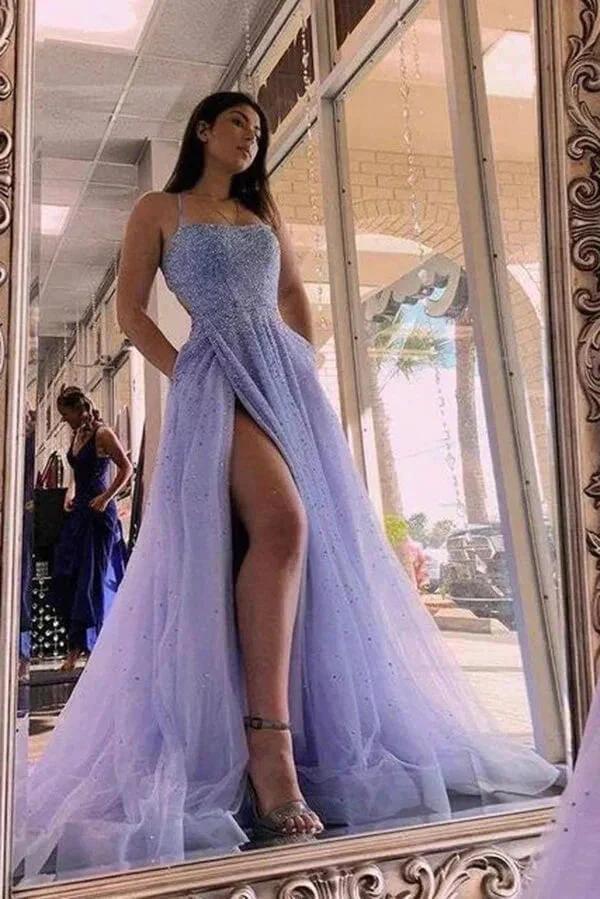 Lavender Tulle A-line Beaded Long Prom Dresses Party Dresses With Slit  PSK436 - Image 2