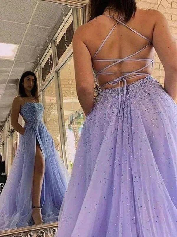 Lavender Tulle A-line Beaded Long Prom Dresses Party Dresses With Slit  PSK436 - Image 3