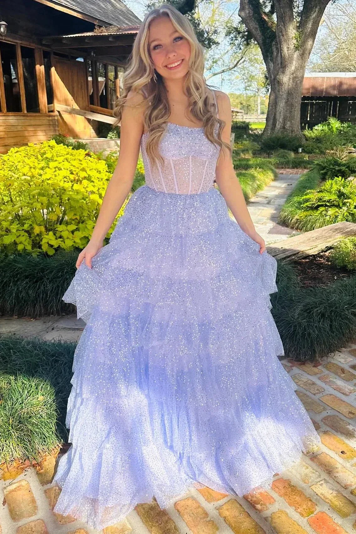 Lavender Tulle Sequin Ruffle Tiered Long Prom Dress - Image 2