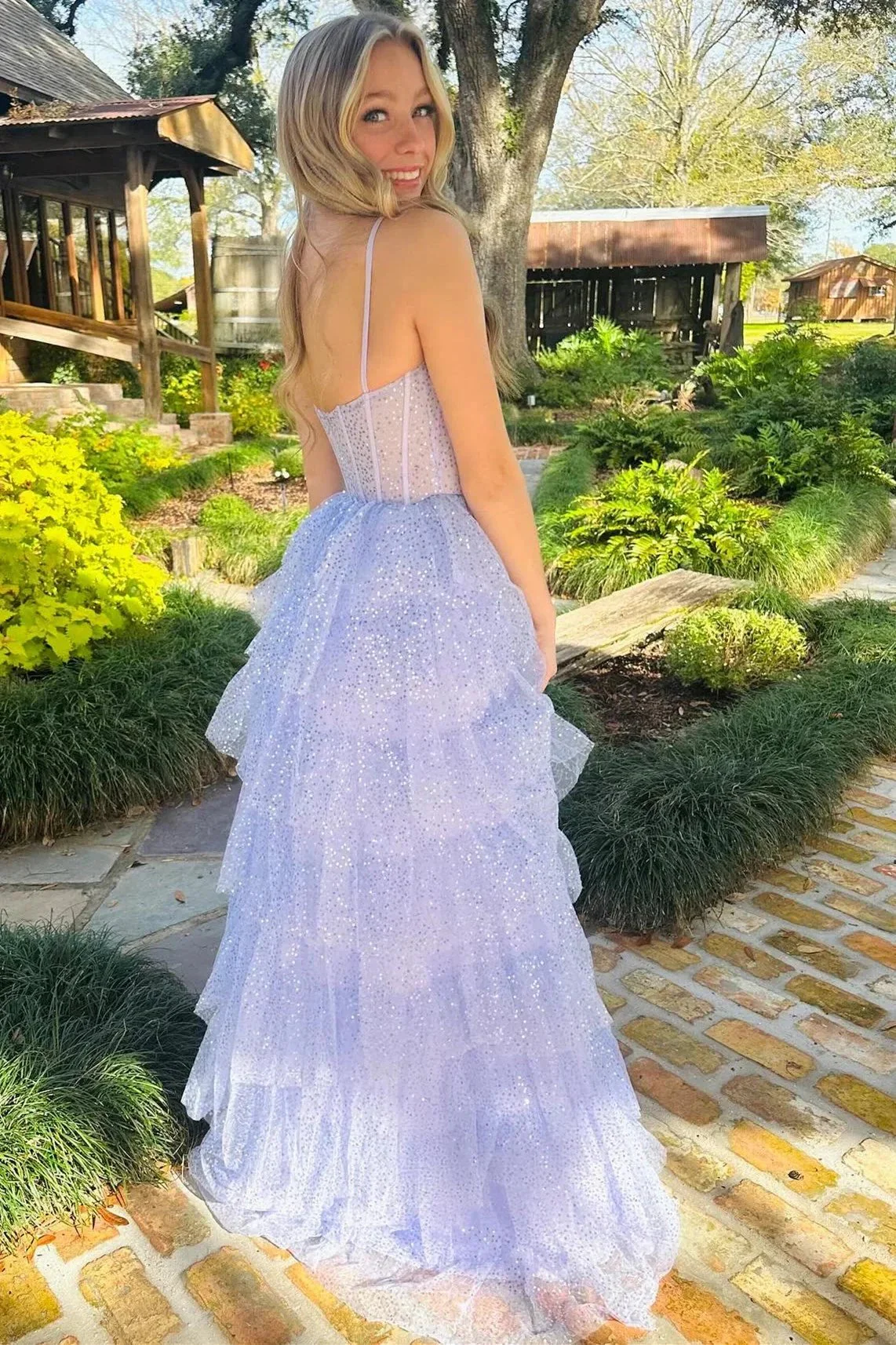 Lavender Tulle Sequin Ruffle Tiered Long Prom Dress - Image 3
