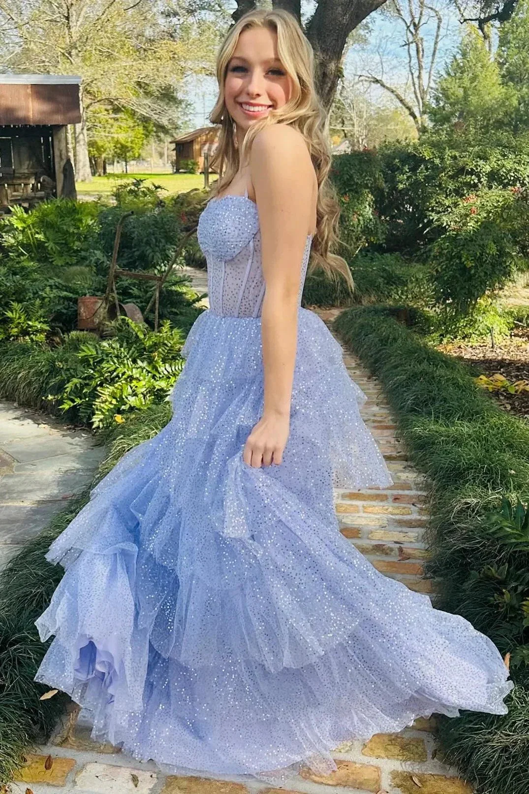 Lavender Tulle Sequin Ruffle Tiered Long Prom Dress - Image 4