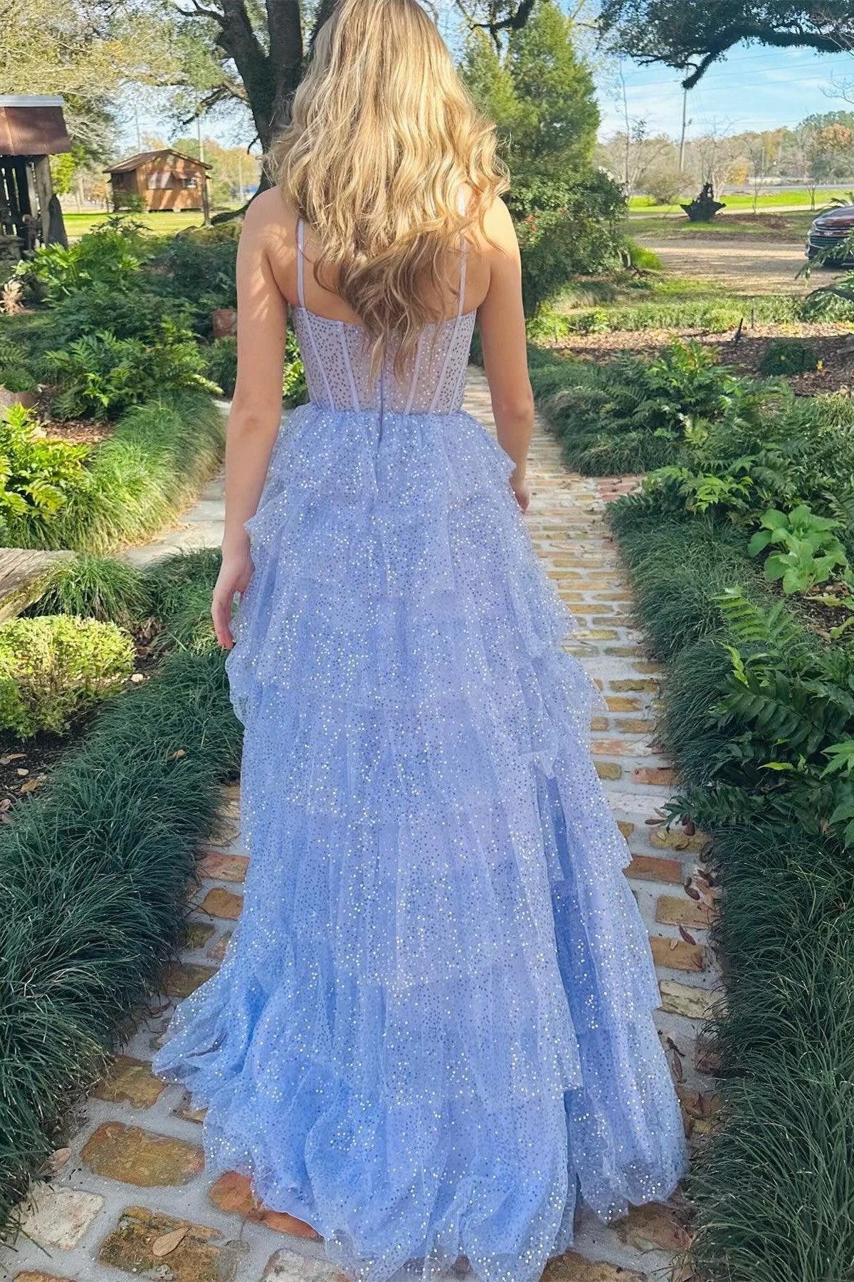 Lavender Tulle Sequin Ruffle Tiered Long Prom Dress - Image 5