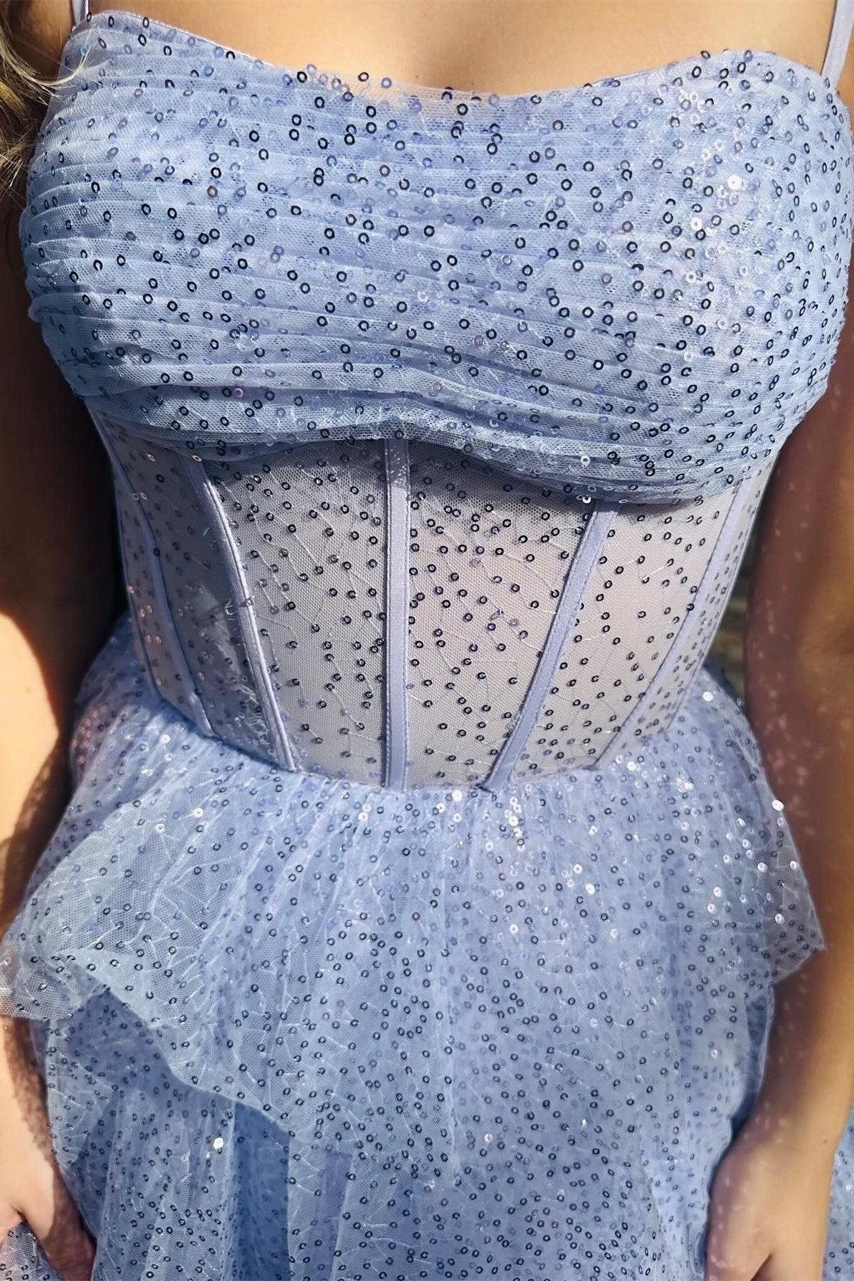 Lavender Tulle Sequin Ruffle Tiered Long Prom Dress - Image 6