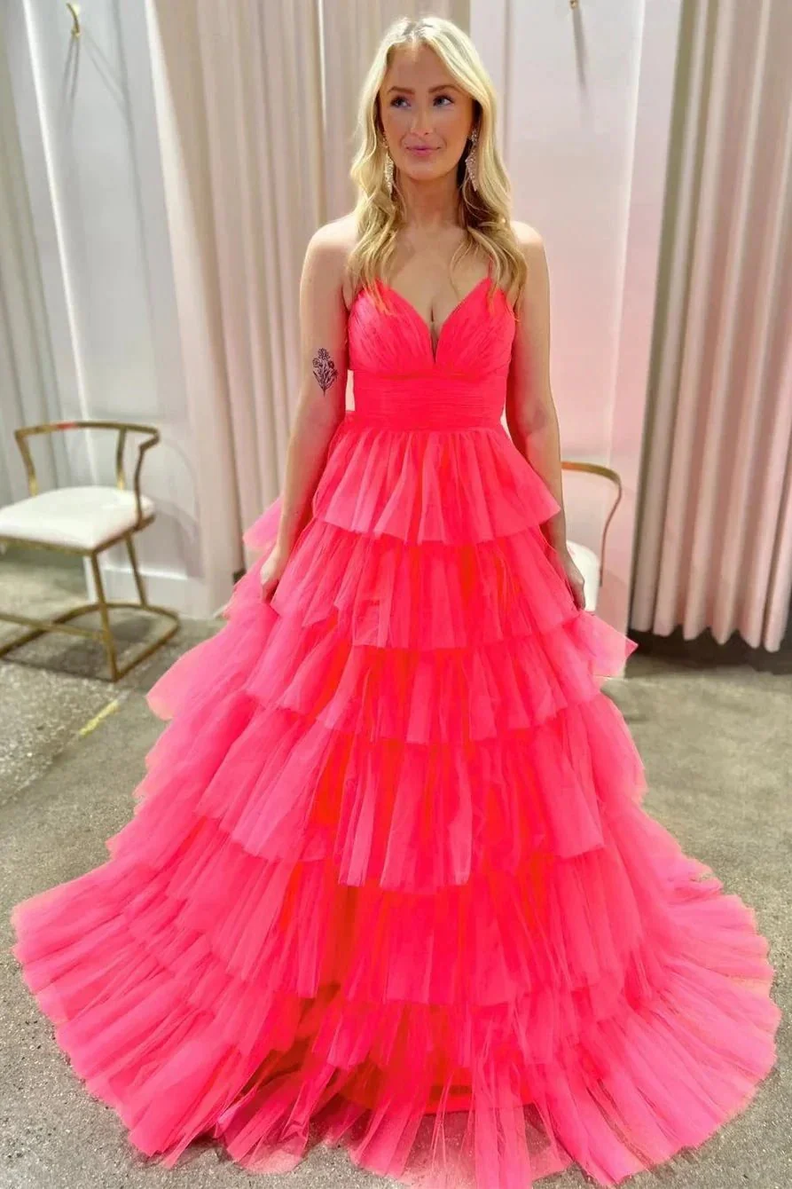 Lavender V-Neck Ruffle Tiered Long Prom Gown - Image 3