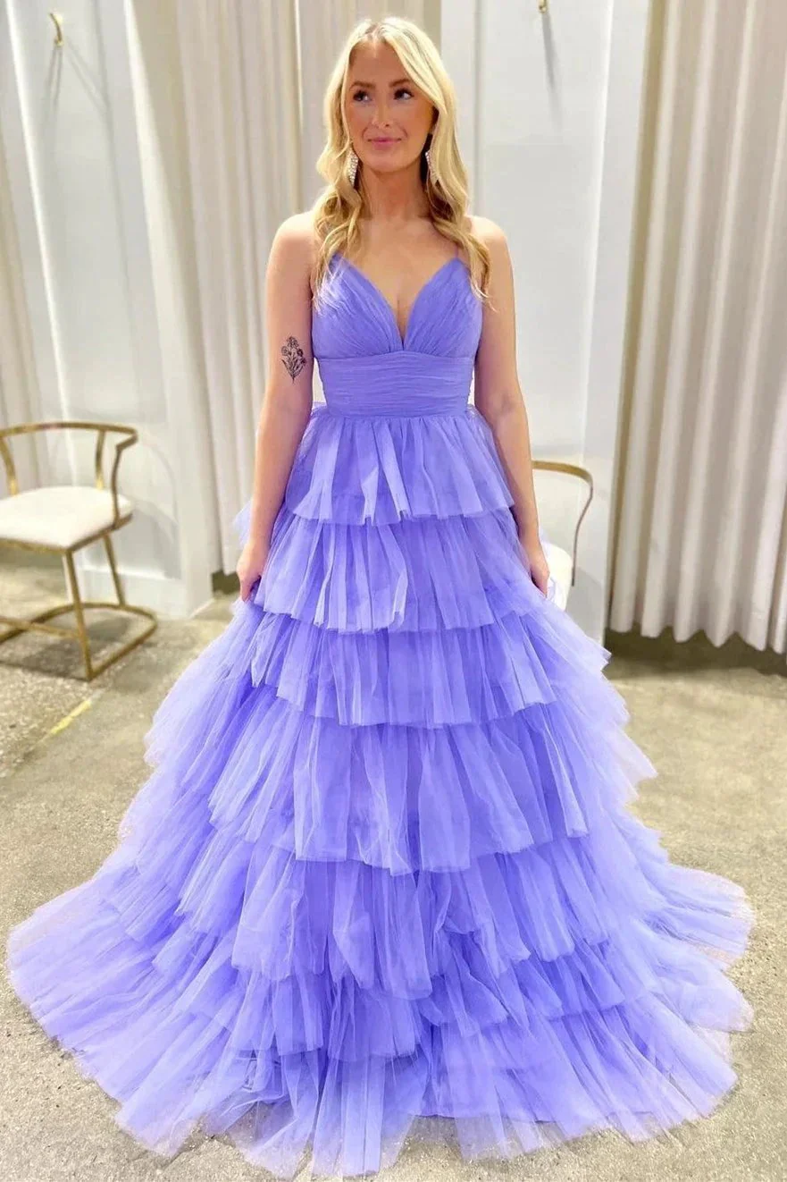 Lavender V-Neck Ruffle Tiered Long Prom Gown - Image 7