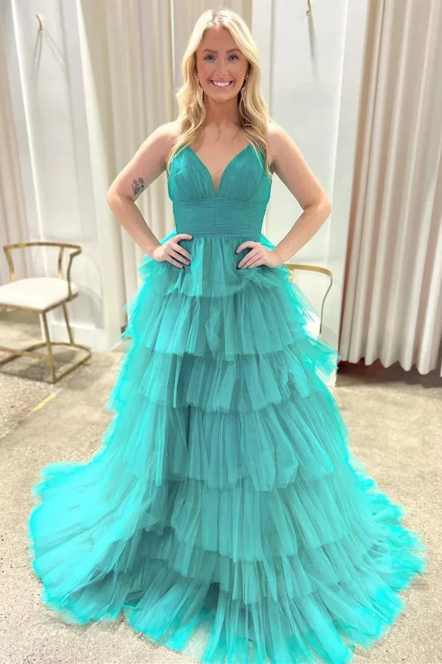 Lavender V-Neck Ruffle Tiered Long Prom Gown - Image 8