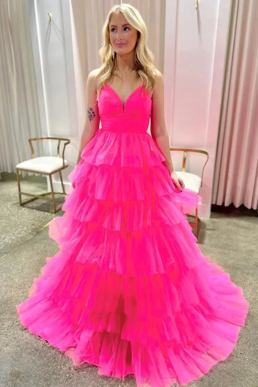 Lavender V-Neck Ruffle Tiered Long Prom Gown - Image 9
