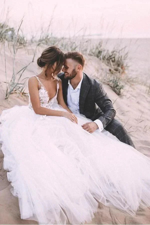 Layered Tulle Skirt Lace V Neck  Outdoor Wedding Dresses Bridal Gown  WD469 - Image 2