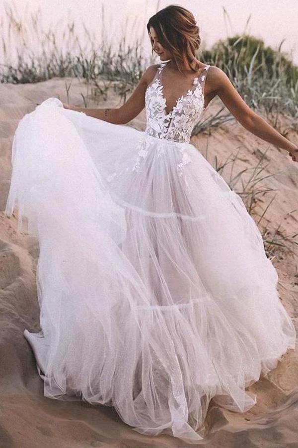 Layered Tulle Skirt Lace V Neck  Outdoor Wedding Dresses Bridal Gown  WD469 - Image 3