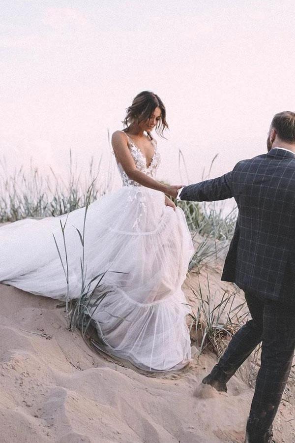 Layered Tulle Skirt Lace V Neck  Outdoor Wedding Dresses Bridal Gown  WD469 - Image 4