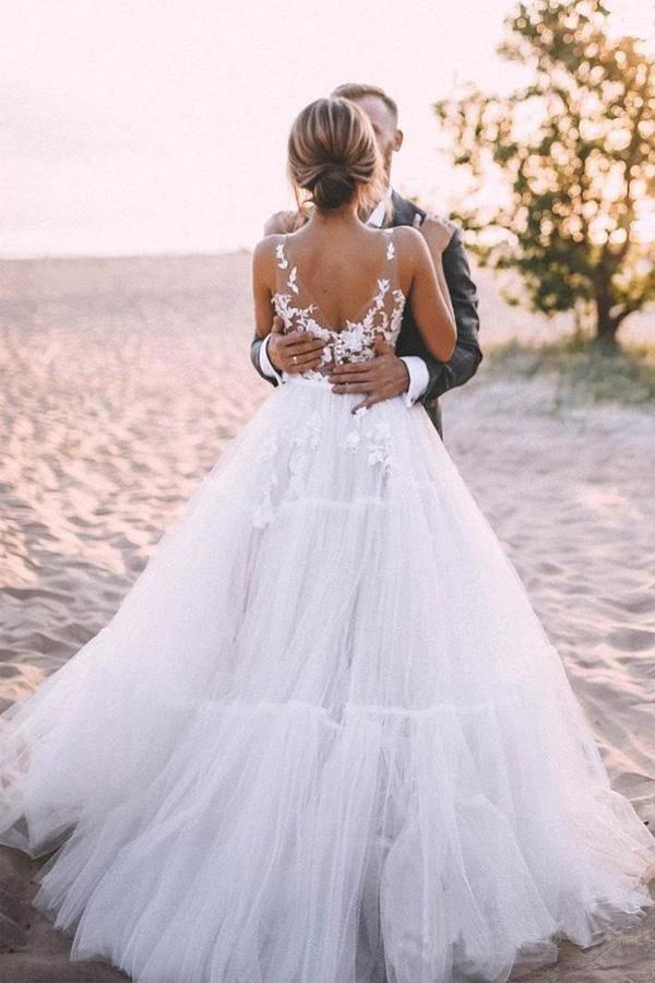 Layered Tulle Skirt Lace V Neck  Outdoor Wedding Dresses Bridal Gown  WD469 - Image 5